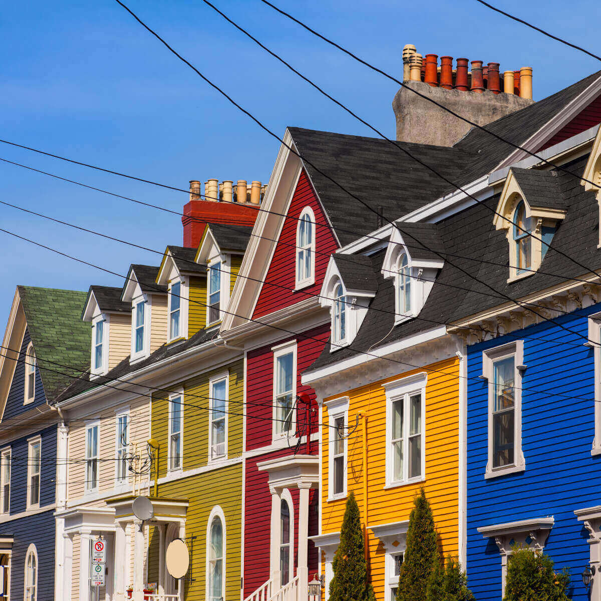 Row of colorful houses in St John’s Newfoundland Canada. Housing rights